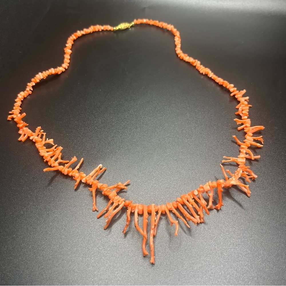 Natural branch coral necklace orange coral fringe statement. Vintage - Picture 6 of 10